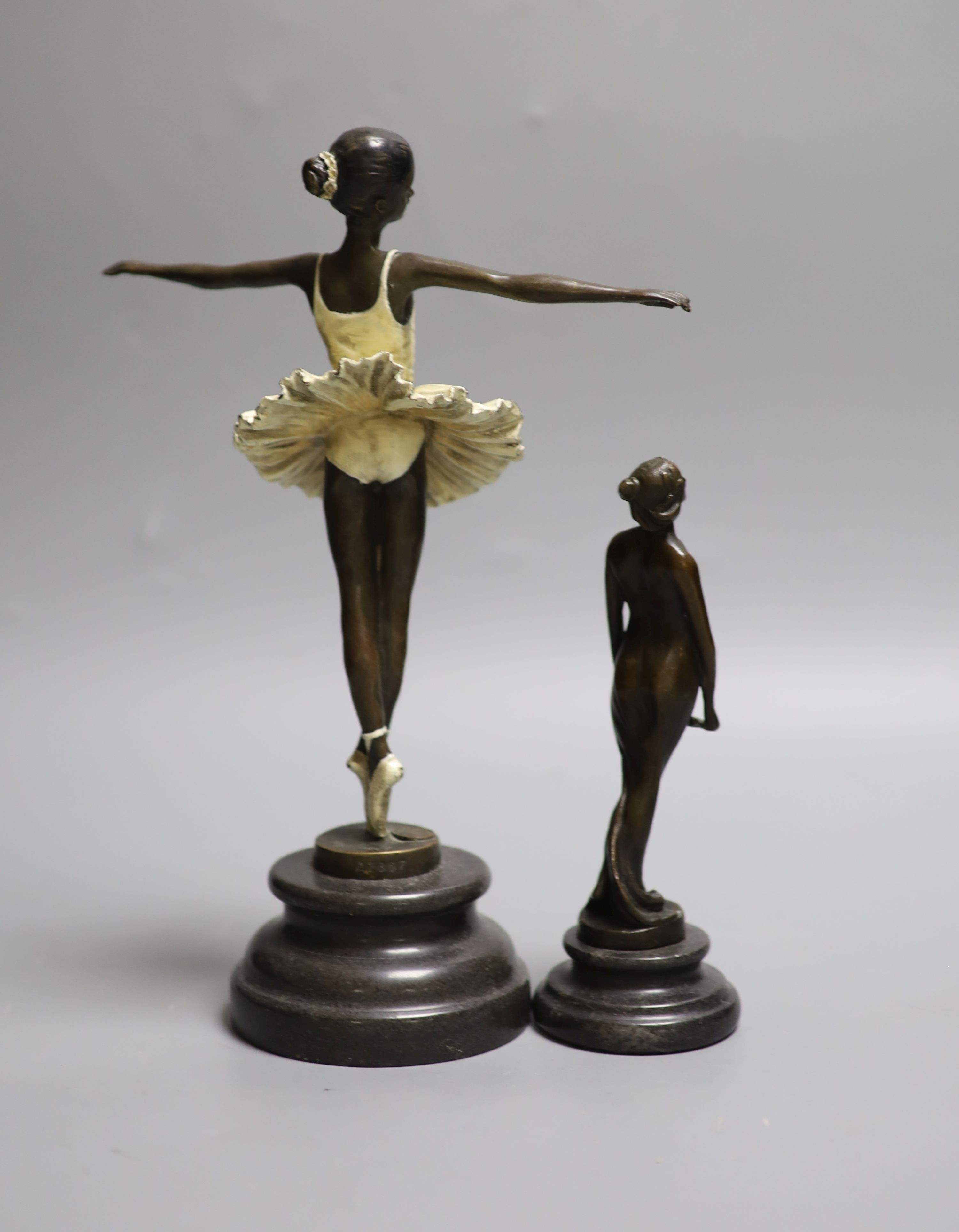 Two bronze figures of a ballerina and a nude maiden